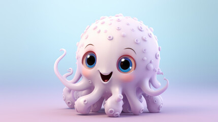 Realistic 3d render of a happy,  furry and cute baby Octopus smiling with big eyes looking strainght