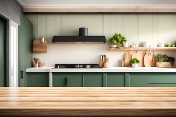 Wooden table top on blur kitchen room background, Modern contemporary green kitchen room interior.