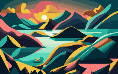 landscape with mountains, rivers, and sunset, panorama nature gradient, Vector illustration in flat style, generative ai
