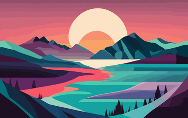 Sunset landscape with a lake, big sun, and mountains, vector illustration in flat style, gradient horizon, generative ai