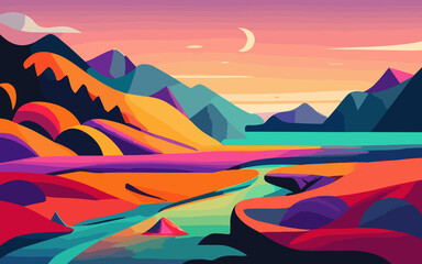 Landscape with river and mountains at sunset hue. Vector illustration in flat style, beautiful horizon nature, generative ai