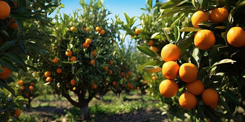 Bountiful harvest. Fresh oranges glistening in sun. Citrus delight. Ripe tangerines on farm. Nature bounty. Juicy orange on sunny day. Orchard serenity. Beauty of spring
