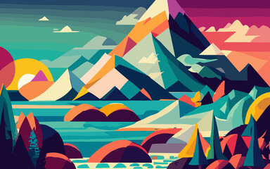 Mountains, rocks and lake landscape, panorama gradient nature, Vector illustration in flat style, generative ai