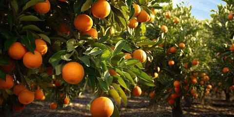 Bountiful harvest. Fresh oranges glistening in sun. Citrus delight. Ripe tangerines on farm. Nature bounty. Juicy orange on sunny day. Orchard serenity. Beauty of spring - obrazy, fototapety, plakaty