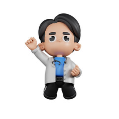 3d Character Doctor Jumping In The Air Pose. 3d render isolated on transparent backdrop.