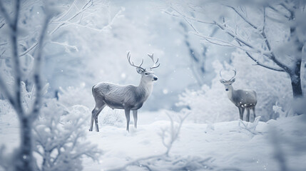 reindeers in a snowy winter wonderland landscape