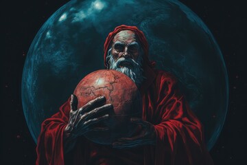 Fototapeta na wymiar Portrait of a pagan god with long white beard in a red robe holding a red globe against the background of the planet.