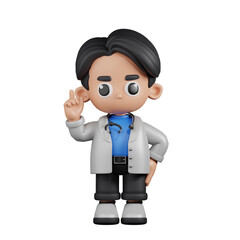 3d Character Doctor Pointing Up Pose. 3d render isolated on transparent backdrop.