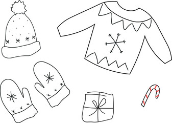 Set of Christmas clothes. Coloring. Vector illustration