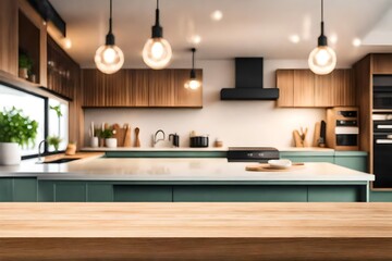 Wooden table top on blur kitchen room background, Modern contemporary green kitchen room interior.