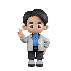3d Character Doctor Showing Peace Sign Pose. 3d render isolated on transparent backdrop.