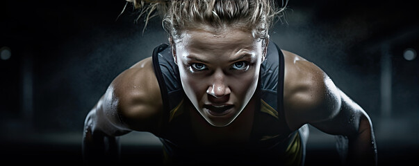 Fototapeta na wymiar Female athlete or sprinter run in fron of camera. black background