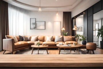 Naklejka na ściany i meble Wood table top on blur living room have leather sofa and decoration minimal.