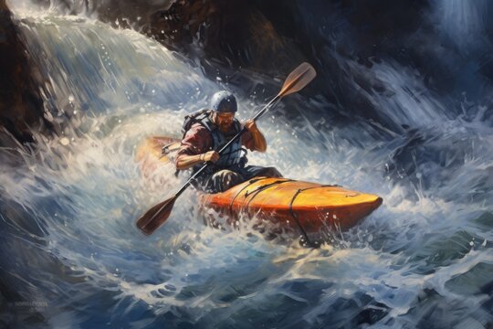 Canoeist navigating a rapid in a turbulent river.