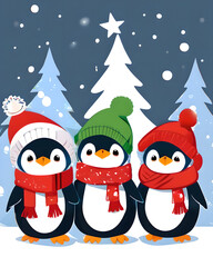 Three penguins in hats and scarves. In the background there is a forest, Christmas trees and winter. Illustration, fairy tale, graphics