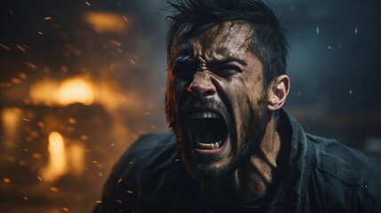 Desperate man screaming out loud putting his fist hands to his chest in war