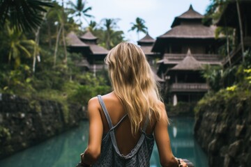 Young blonde caucasian woman traveling in the mountains, north of Bali, luxury vacation, explore and discover the world