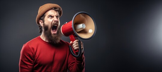Crazy person shouting through megaphone. Loud and Clear: A man passionately announces breaking news through a megaphone on an isolated backdrop. - obrazy, fototapety, plakaty