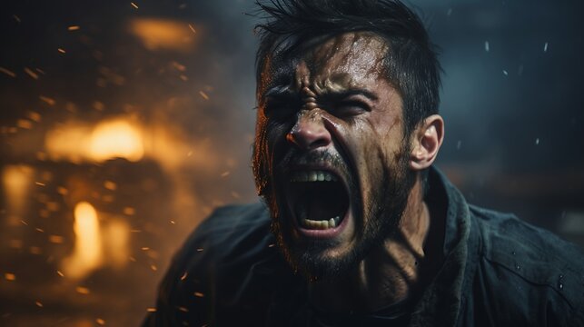 Desperate man screaming out loud putting his fist hands to his chest in war