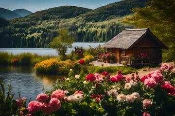 Fototapeta na wymiar A Photograph of a serene lakeside landscape with a charming hut and colorful blooms, evoking an ethereal sense of peaceful bliss.