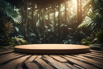 Wooden podium in tropical forest for product presentation