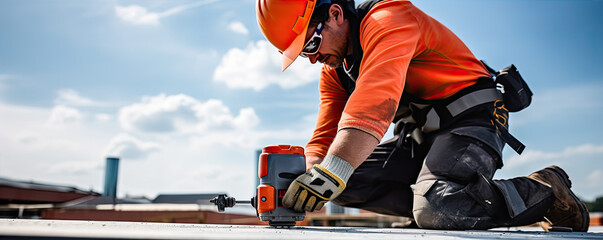 Construction worker on nwe roof. Professional roofer in action. - obrazy, fototapety, plakaty