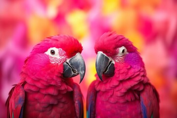 Beautiful parrots up close - vibrant Valentine's Day backdrop - pink and purple birds. Generative AI