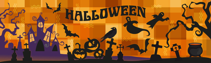 Halloween party banner. Night in the cemetery.