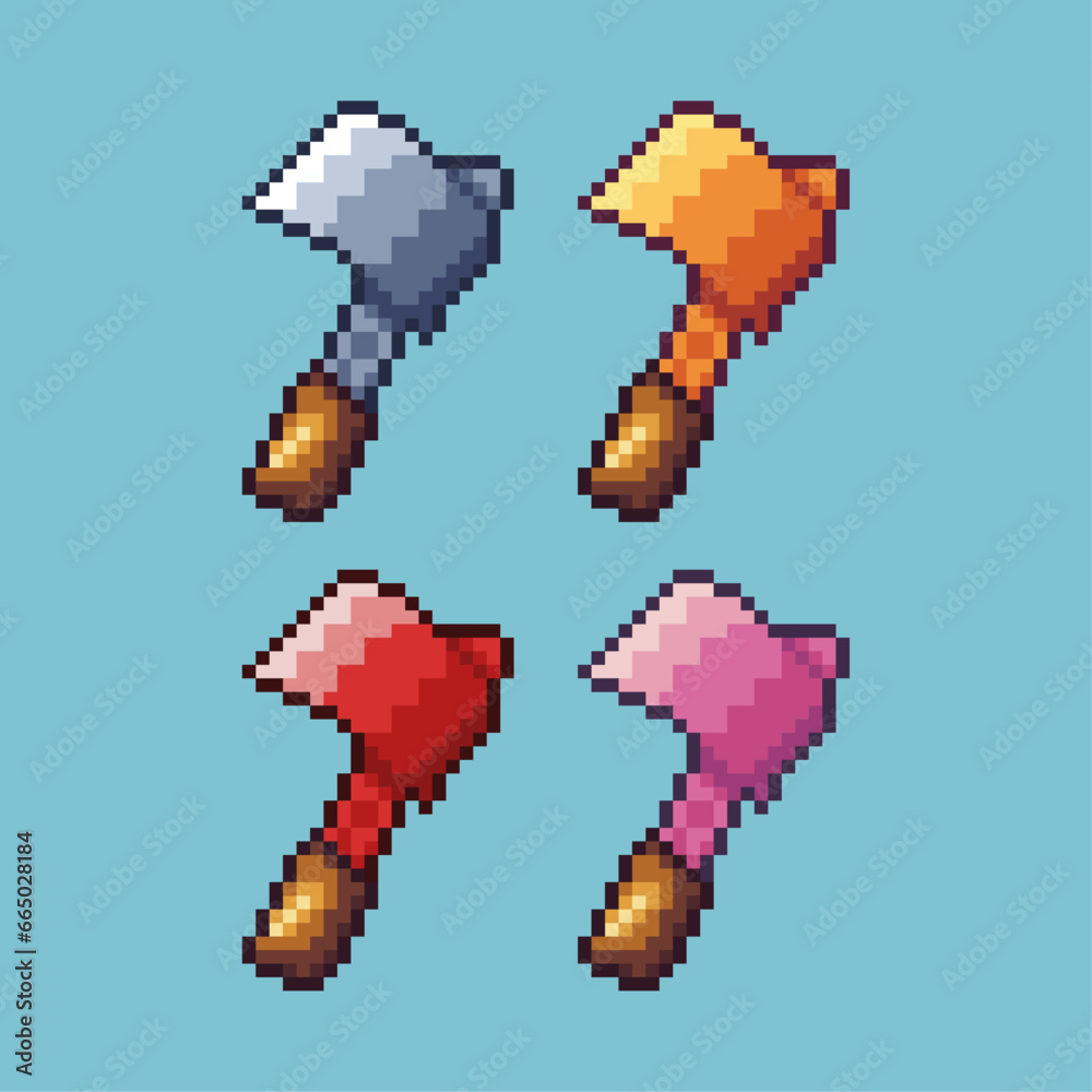 Fototapete pixel art sets of axe lumberjack tool with variation color item asset. simple bits of axe pixelated 