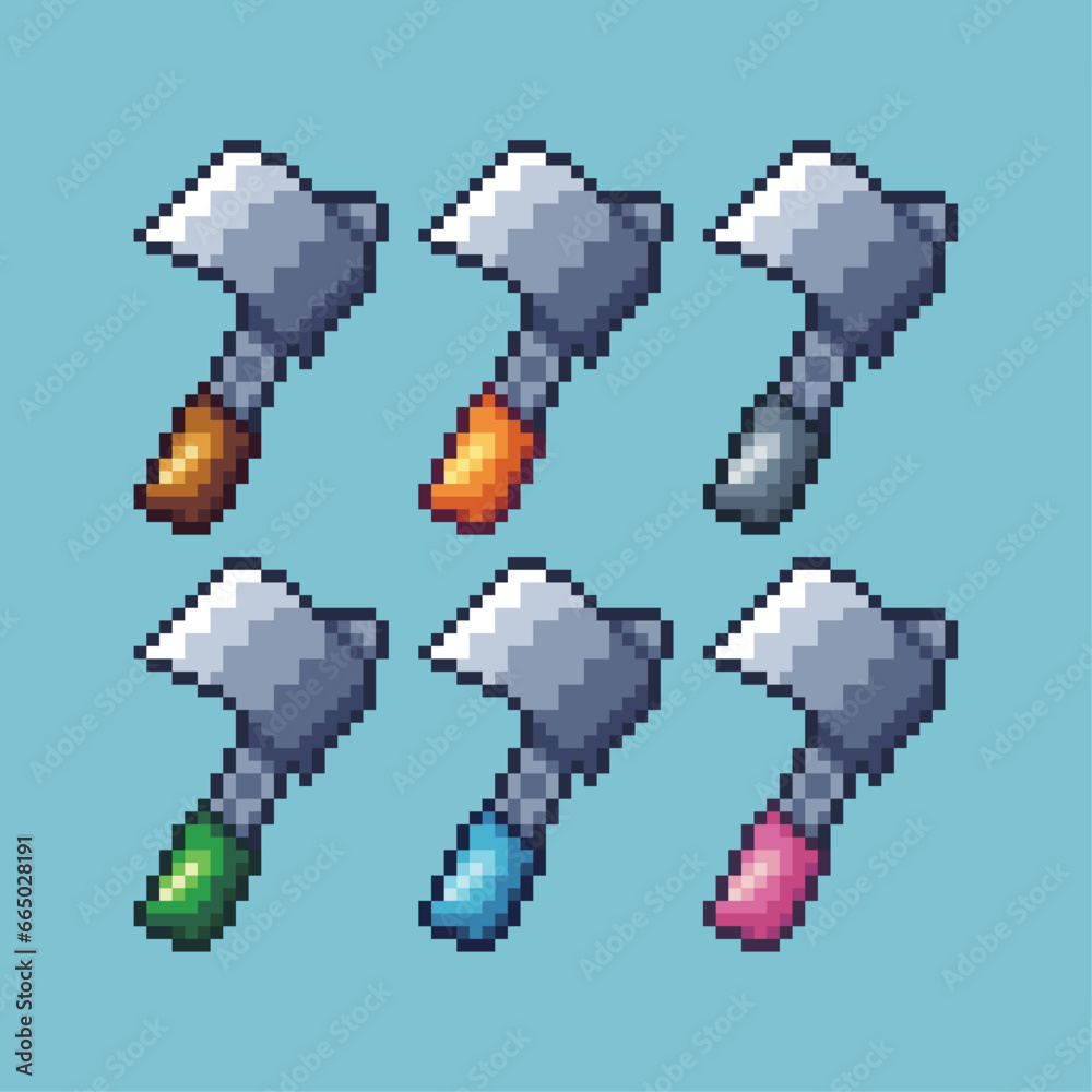 Fototapete pixel art sets of axe lumberjack tool with variation color item asset. simple bits of axe pixelated 