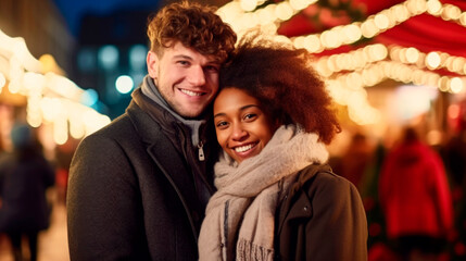 Fototapeta premium Mixed couple having a walk on a winter day. Christmas feeling concept. Ai generated
