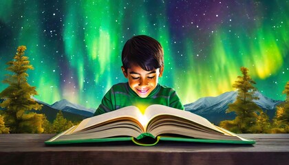 Niño leyendo libro en aurora boreal - obrazy, fototapety, plakaty