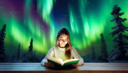 Persona leyendo libro en aurora boreal