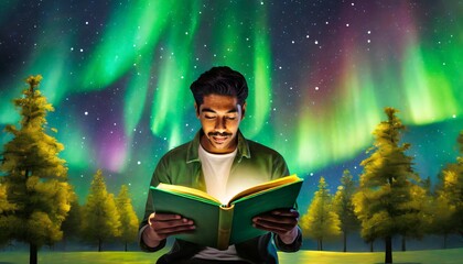 Persona leyendo libro en aurora boreal - obrazy, fototapety, plakaty