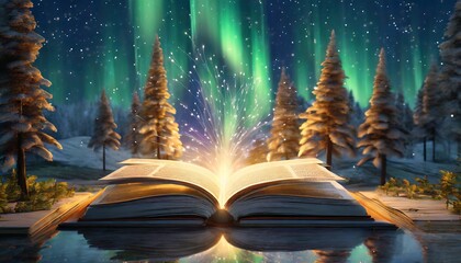 Libro abierto en paisaje con aurora boreal