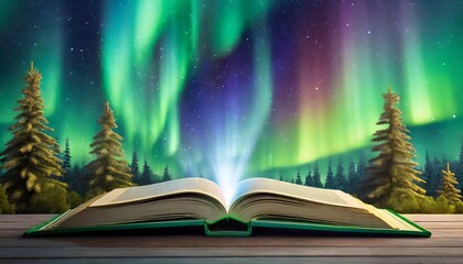 Libro con paisaje de aurora boreal