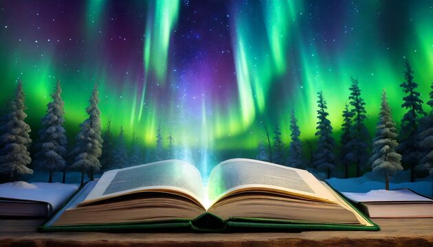 Libro abierto en aurora boreal
