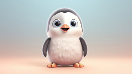 Realistic 3d render of a happy,  furry and cute baby Penguin smiling with big eyes looking strainght