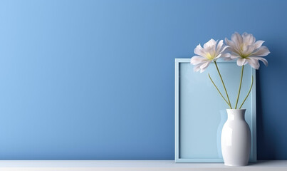 Shelf with poster and bouquet of flowers over blue wall 3d rendering.