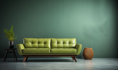 A light green leather sofa is positioned against a wall with a copy space. Mid-century, retro, vintage-style home interior design of a modern living room