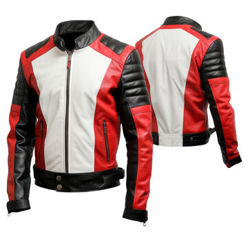 Classic front and back image of beautiful red and white color biker leather jacket.