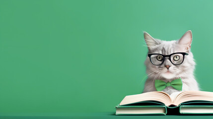 Cat with glasses reads a book on a green background with space for text.