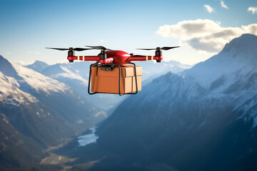 Fototapeta na wymiar A drone delivers food, drinks or medicine in a cardboard box while flying over the mountains. H