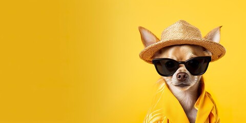 Cool looking Chihuahua dog wearing funky fashion dress. space for text right side.