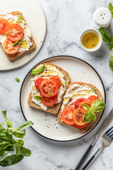 Sandwiches with tomatoes, cream cheese, olive oil and basil on a plate on white marble background. Traditional italian mediterranean food. Top view