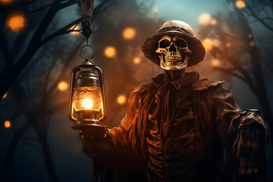 A spooky skeleton wearing witch hat holding a burning lamp in hand  in a black horror night