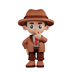 3d Character Detective Curious Pose. 3d render isolated on transparent backdrop.