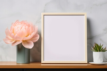 Modern mock up frame standing on shelf with peony flowers in vase near gray wall. Copy space. Empty blank rectangular canvas frame. Greeting card for Mother day or 8 March. - obrazy, fototapety, plakaty