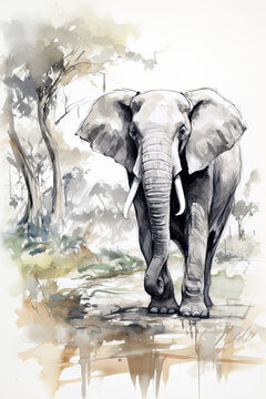 Elephant watercolor sketch hand drawn style on white background