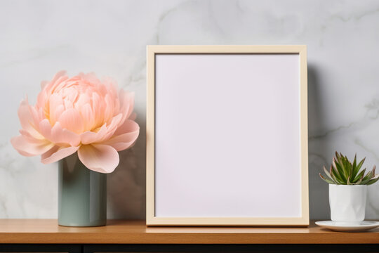Modern mock up frame standing on shelf with peony flowers in vase near gray wall. Copy space. Empty blank rectangular canvas frame. Greeting card for Mother day or 8 March.